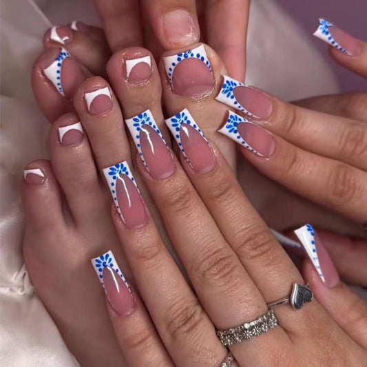 Pink Press on Nails Long Square & Press on Toenails Set -  White French Fake Nails Press Ons Nail Art Tips Glue on Nails Full Cover Acrylic False Toe Nails with Blue Dots Glossy Design